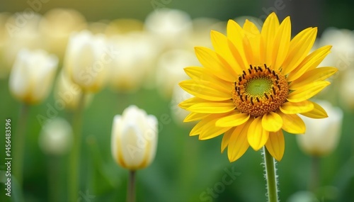 One bright yellow sunflower among white tulips, distinctiveness, individuality, flora
