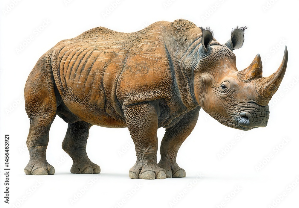 Fototapeta premium A majestic rhinoceros standing proudly, showcasing its unique features and textured skin, symbolizing wildlife conservation. Copy space,