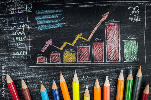 Chalkboard bar graph showing upward trend colorful pencils below