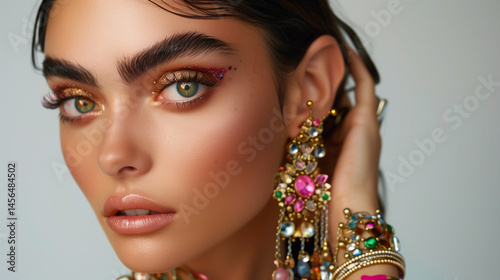 Model with bold brows and statement jewelry -