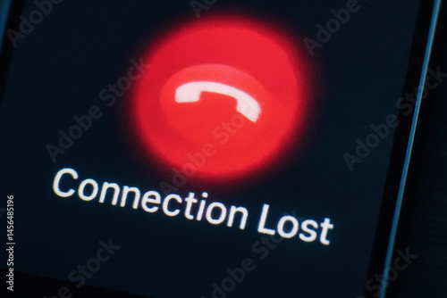 Connection lost concept on smartphone screen with red termination call icon symbolizing communication failure and disconnection in technology use