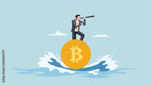 Bitcoin investor scans horizon navigating stormy crypto waters flat design blue tones