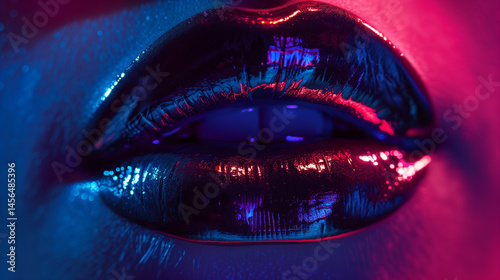 Neon lights reflecting on glossy lips 