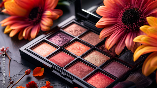 Open eyeshadow palette with warm colors 