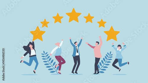 Team celebrates five star success Joyful jump gold stars blue background