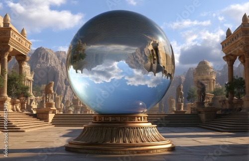 Scene of a bizarre landscape with a huge blue globe hovering in the air above a lush and heavily forested island