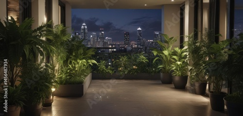Lush plants grace a modern condo balcony, overlooking city lights, real estate, night view, stylish