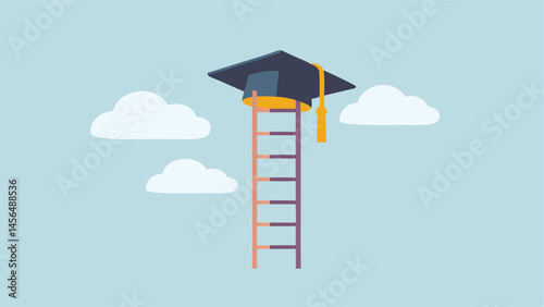 Graduation cap atop ladder reaching for dreams blue sky simple illustration flat design academic
