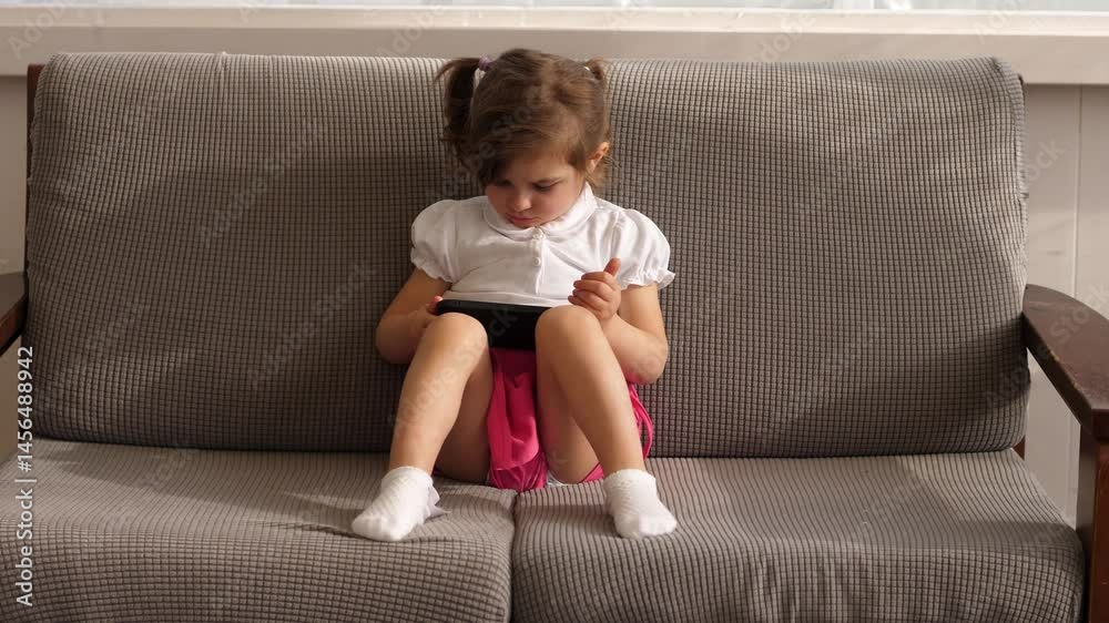 A small girl is sitting quietly on a gray sofa, fully concentrated while watching cartoons on a smartphone, showing deep focus. A small girl is sitting quietly on a gray sofa, fully concentrated while watching cartoons on a smartphone, showing deep focus.