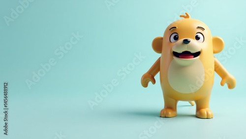 Virtual Influencers. Lonely toy companion. Isolated background, copyspace.. Bright yellow toy robot with wide grin sits alone amidst empty space as friendless companion.