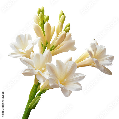 Elegant white tuberose flowers bloom on a green stem. The flower exudes a gentle fragrance, symbolising peace, love, and purity. The vibrant flowers, surrounded by a fresh naturalness.