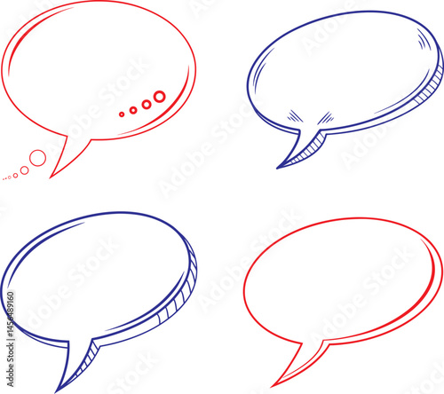 Speech Bubbles Vector Set: Hand Drawn Comic Style Talk Bubbles in Red and Blue, Empty Dialogue Balloon Graphics for Design Elements