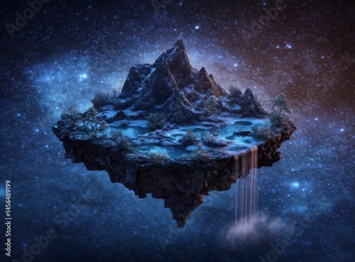 The magical island is a winter wonderland with floating islands, a waterfall, and snow-covered scenery