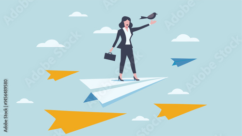 Businesswoman soaring on paper plane a bird beside her signifying ambition success and dreams taking