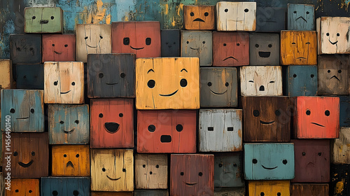 Colorful wooden blocks with various facial expressions.