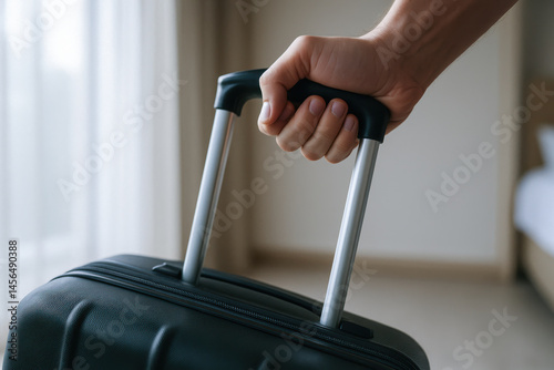 Hand grips handle of black suitcase indoors, symbolizing concept of travel and termination of journey with firm hold