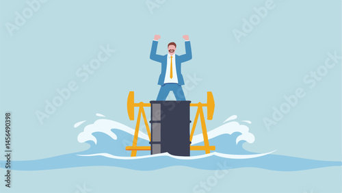 Triumphant businessman atop oil barrel celebrating success amidst ocean waves flat design blue