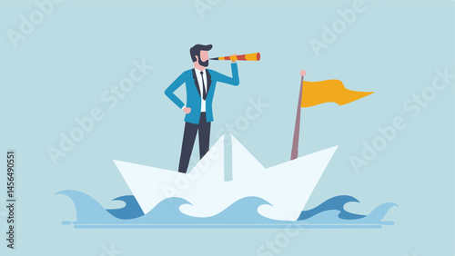 Businessman on paper boat searching for success using a telescope navigating wavy waters toward 