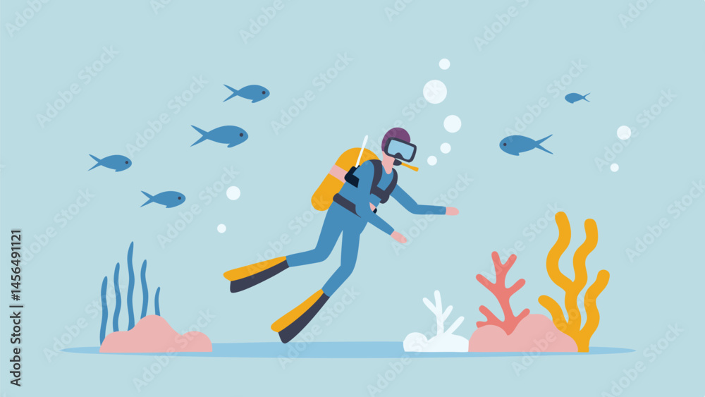 Naklejka premium Underwater scuba diver exploring vibrant coral reef playful fish swim nearby serene ocean scene