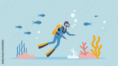 Underwater scuba diver exploring vibrant coral reef playful fish swim nearby serene ocean scene