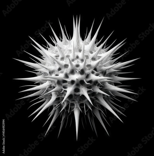 A 3D rendering of abstract art in monochrome black and white, featuring a surreal cyber sphere with a fractal structure and sharp needles, undergoing a deformation process
