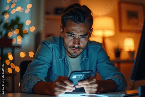 Man lost in screen.. Man sits at table, absorbed in his cell phone, lost in digital world around him.