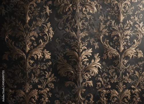 Sophisticated damask wallpaper, swirling leaves & vines ,  black,  retro