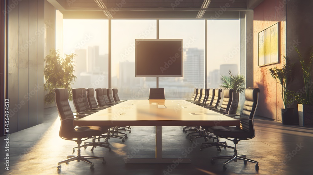 Fototapeta premium Modern conference room with city view and empty display.