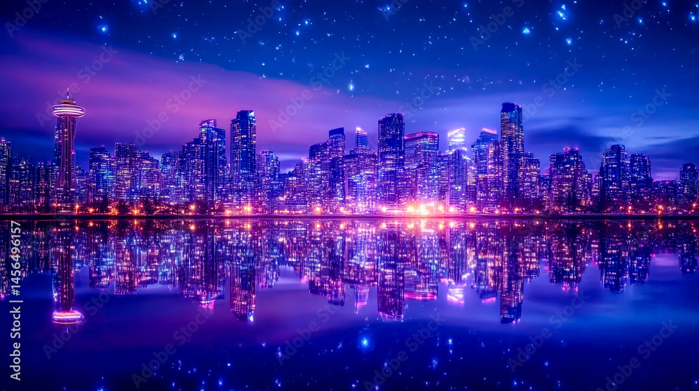 City skyline reflection at night with sparkling city lights on water