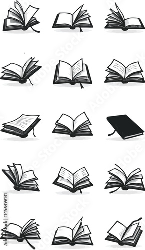 A collection of editable line and silhouette book-themed icons in vector art, showcasing an open book with pages turning in the wind, isolated on a white background.
