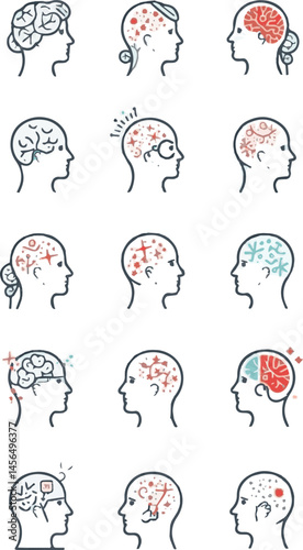 A set of disease-related icons with fine line details and editable strokes, depicting mental health conditions such as depression, anxiety, and schizophrenia, all on a clean white background.