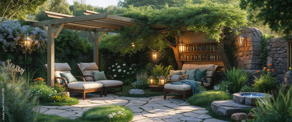 Obraz premium Serene outdoor reading nook with comfortable loungers and enchanting lantern lighting