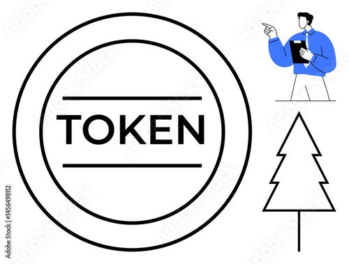 Circular token with bold Token text, man in blue holding clipboard gestures right, and minimalist pine tree sketch. Ideal for blockchain, cryptocurrency, eco-awareness, minimalism, business, nature