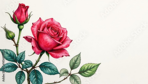 Intricate watercolor rose buds, swirling leaves, floral design, green, summer