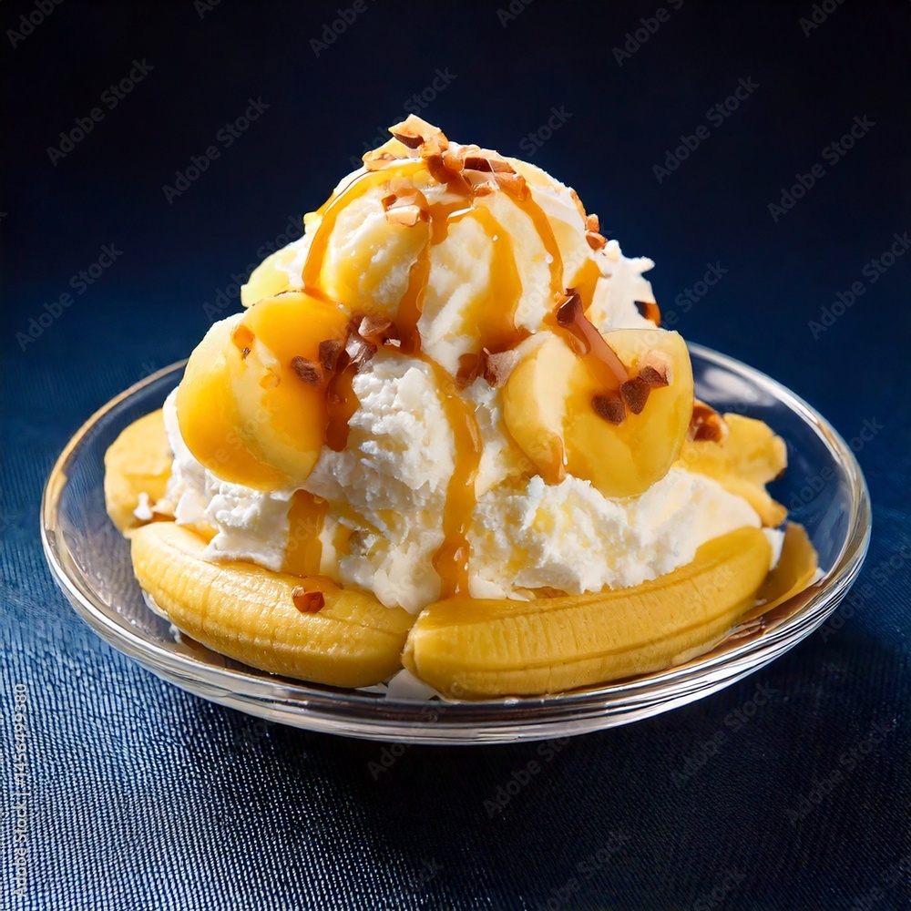 Delicious Banana Split, ice cream scoops with chocolate syrup topping waffle bowl and banana slices Delicious Banana Split, ice cream scoops with chocolate syrup topping waffle bowl and banana slices