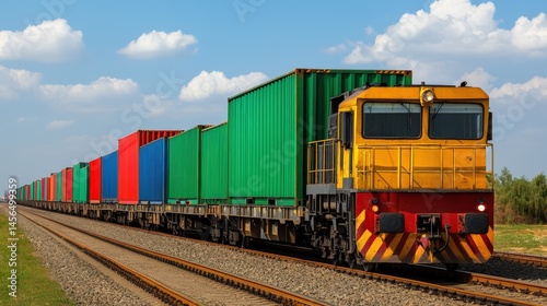 A colorful freight train hauling shipping containers travels along railroad tracks under a blue sky with clouds.