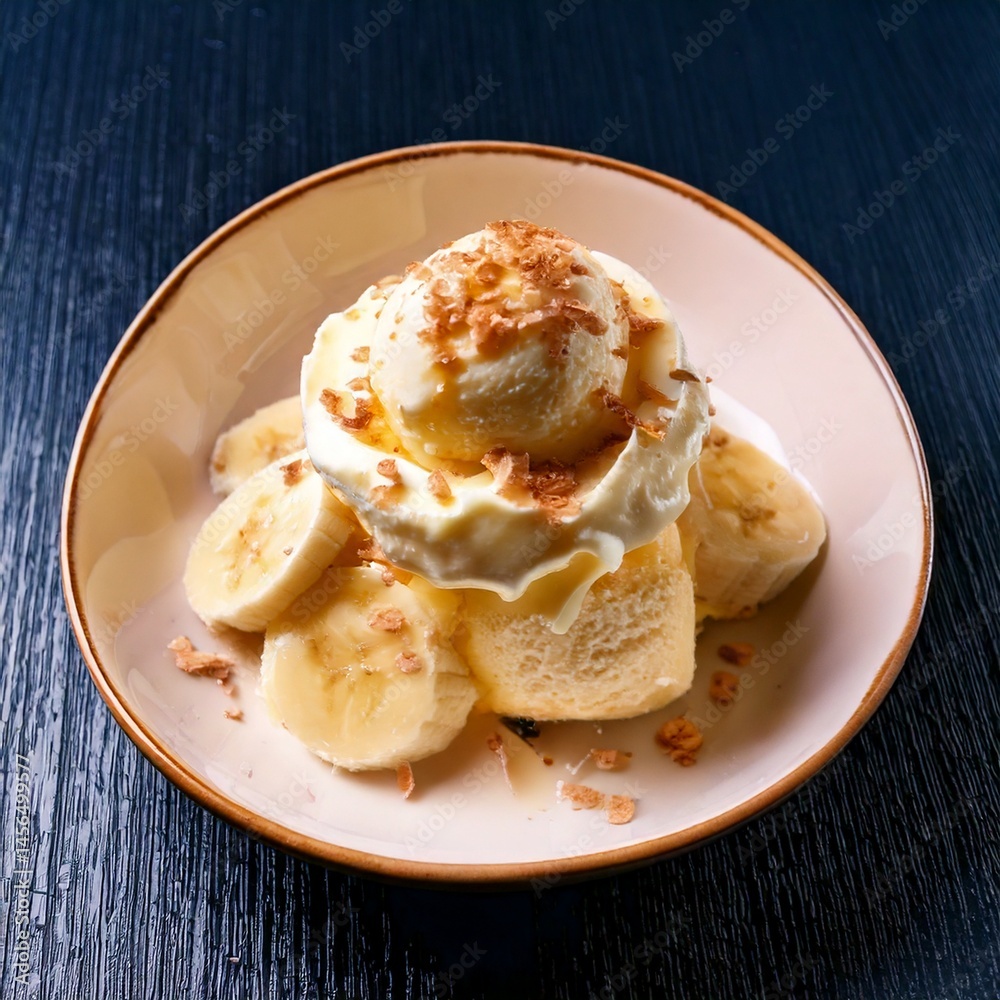 Delicious Banana Split, ice cream scoops with chocolate syrup topping waffle bowl and banana slices Delicious Banana Split, ice cream scoops with chocolate syrup topping waffle bowl and banana slices