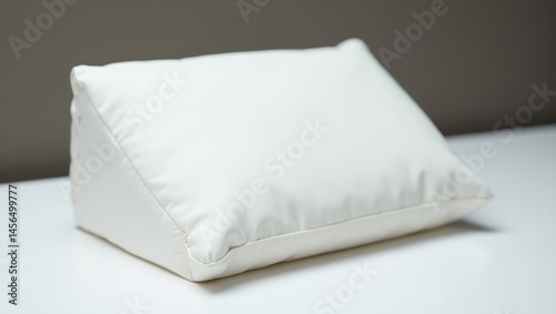 Wedge Pillow. Simple White Wedge. Trend product close-up. Simple white wedge pillow conveys calmness and serenity in minimalist design emphasizing clean lines entirely.
