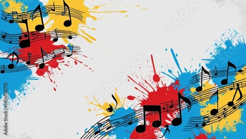 Colorful Musical Notes Flowing On Solid White Background With Vibrant Paint Splashes, Creating An Abstract Grunge Design. Ideal For Creative Projects, Artistic Backgrounds, And Music-Themed Visuals.	

