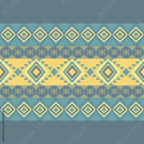 Traditional Ukrainian cross-stitch Detailed vector Illustration for textile printing design, on pixels pastel colors tones