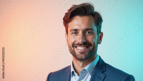 Whisper Transcription. Smile of sincerity. Male man model isolated background. Man in blue suit smiles sincerely in simple setting, conveying authenticity and trust.