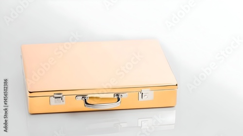 A pale gold rectangular briefcase with metallic accents sits on a light gray surface, casting a subtle reflection