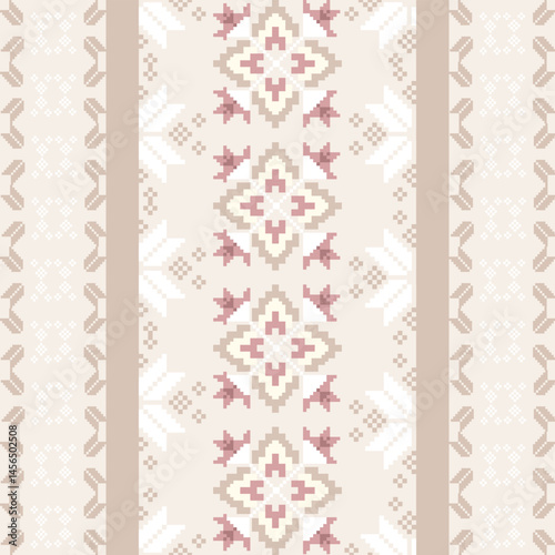 Traditional Ukrainian cross-stitch Detailed vector Illustration for textile printing design, on pixels pastel colors tones
