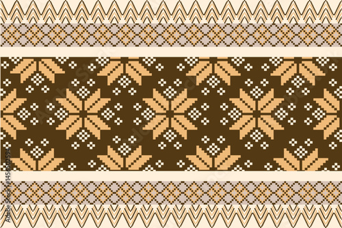 Traditional Ukrainian cross-stitch Detailed vector Illustration for textile printing design, on pixels brown tones