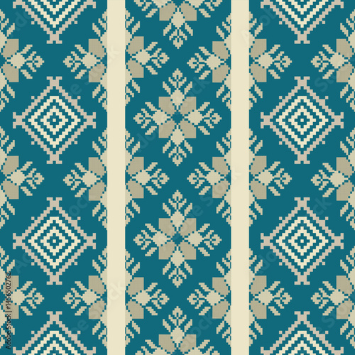 Traditional Ukrainian cross-stitch Detailed vector Illustration for textile printing design, on pixels green tones