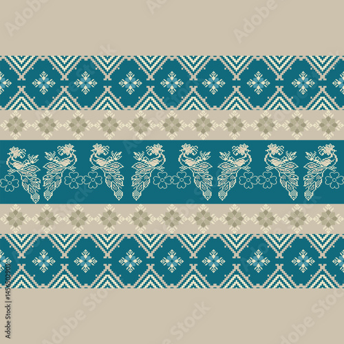 Traditional Ukrainian cross-stitch Detailed vector Illustration for textile printing design, on pixels green tones
