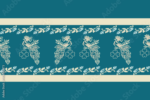 Traditional Ukrainian cross-stitch Detailed vector Illustration for textile printing design, on pixels green tones
