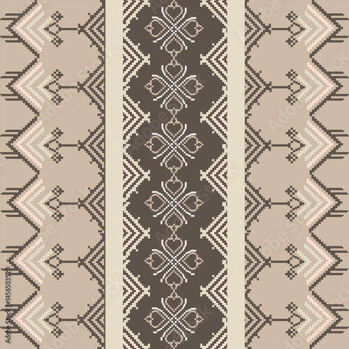 Traditional Ukrainian cross-stitch Detailed vector Illustration for textile printing design, on pixels brown tones