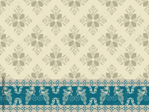 Traditional Ukrainian cross-stitch Detailed vector Illustration for textile printing design, on pixels green tones