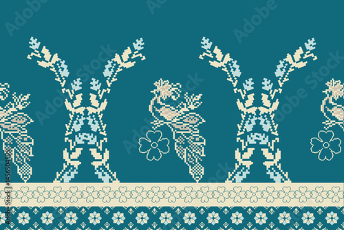 Traditional Ukrainian cross-stitch Detailed vector Illustration for textile printing design, on pixels green tones